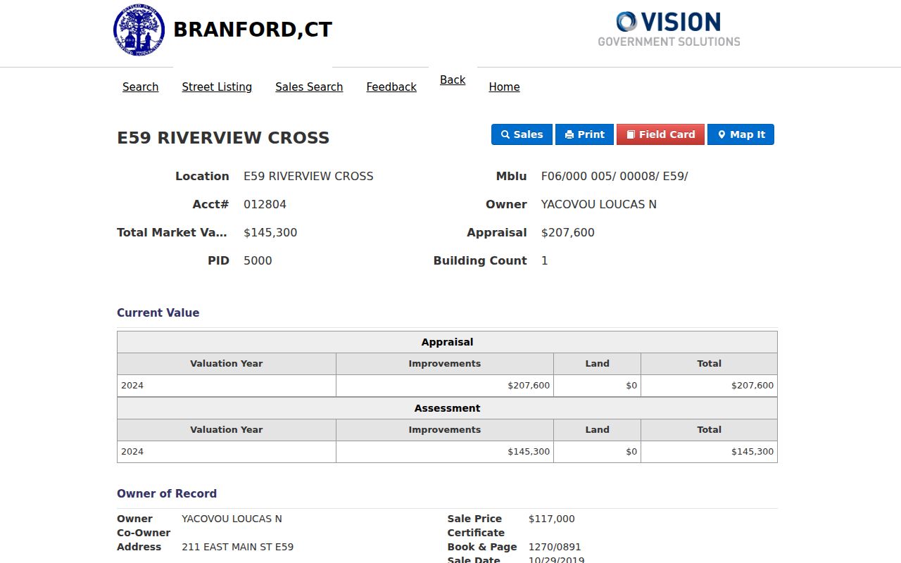 Branford street directory Vision parcel card for address records
